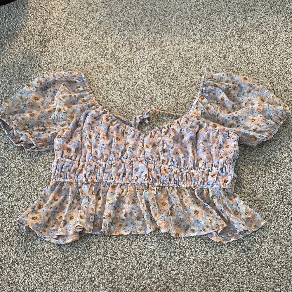 ARULA Purple and Orange flower patterned Smocked Peplum Blouse